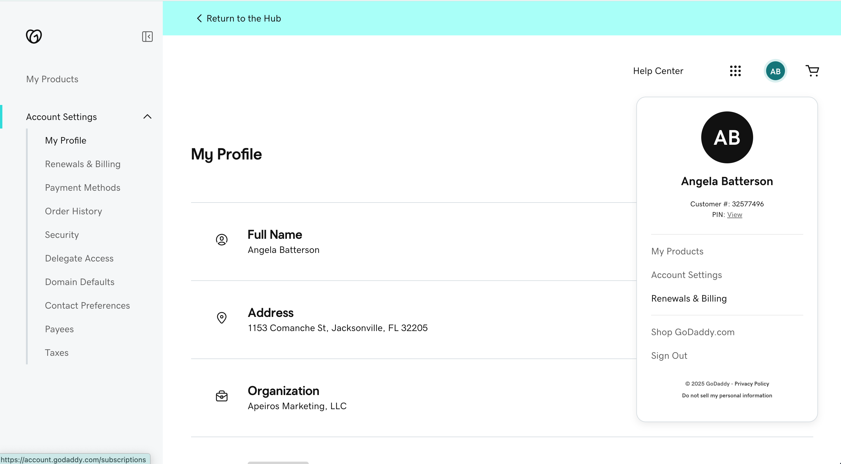 GoDaddy Account Settings View